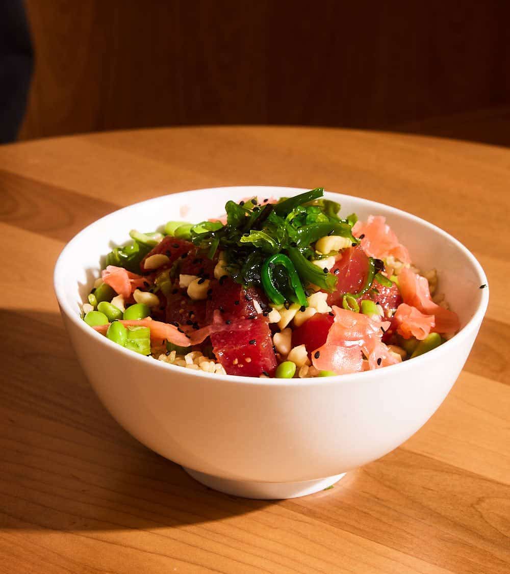 Ahi Dae poke bowl with wild ahi, edamame, seaweed and macadamia