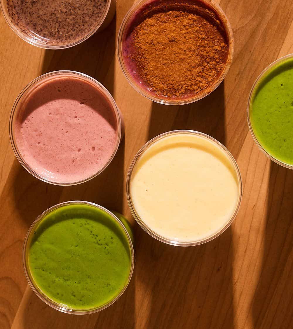 Lulu Dae's smoothies from above on the counter in Strawberry Village