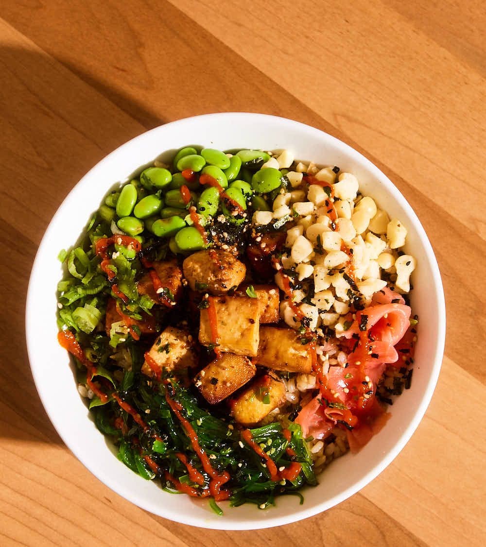Tofu poke bowl from above